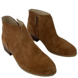 Puppies Tan Leather Suede Zip Low Heel Ankle Bootie Women's Size 9.5 Preowned